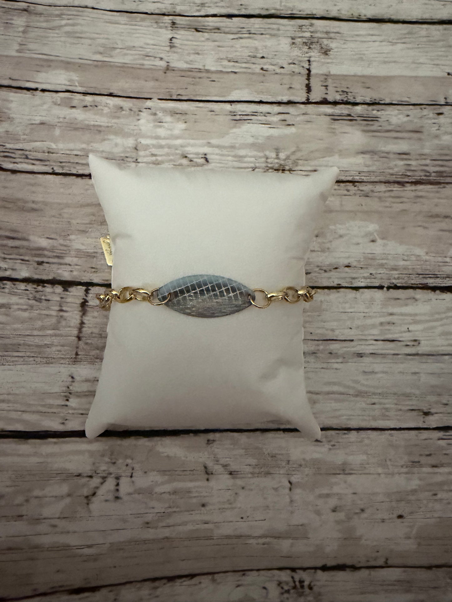 Grey blue fox lure bracelet in gold non tarnish chain