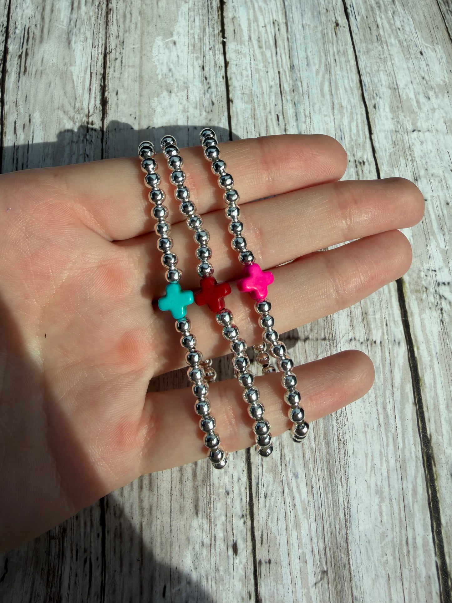 All silver cross non tarnish bracelet set (3)