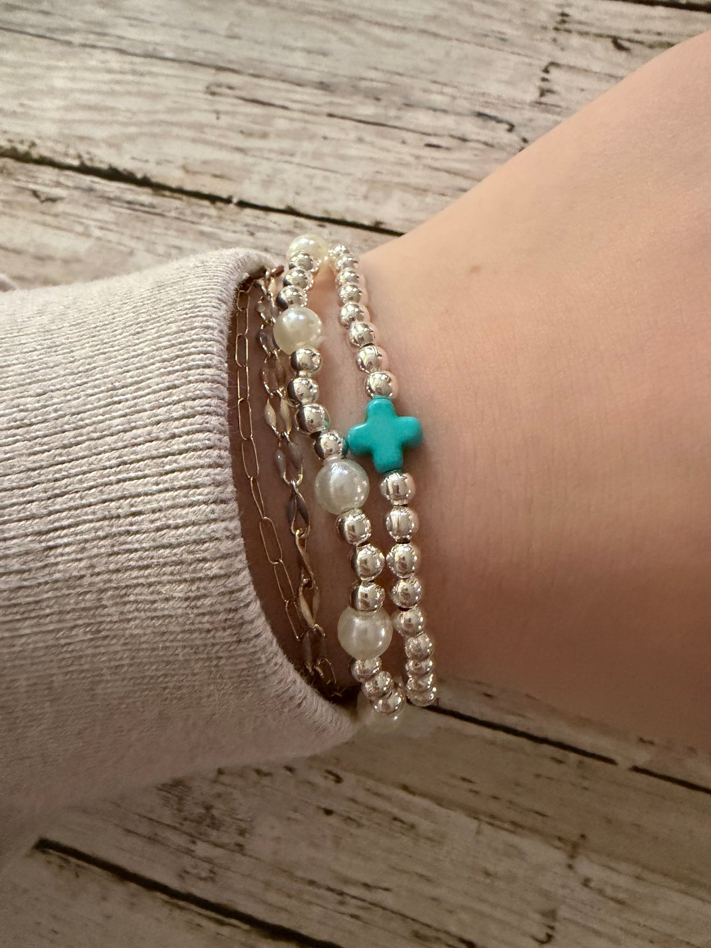 teal cross and pearl silver non tarnish bracelet set bracelet set