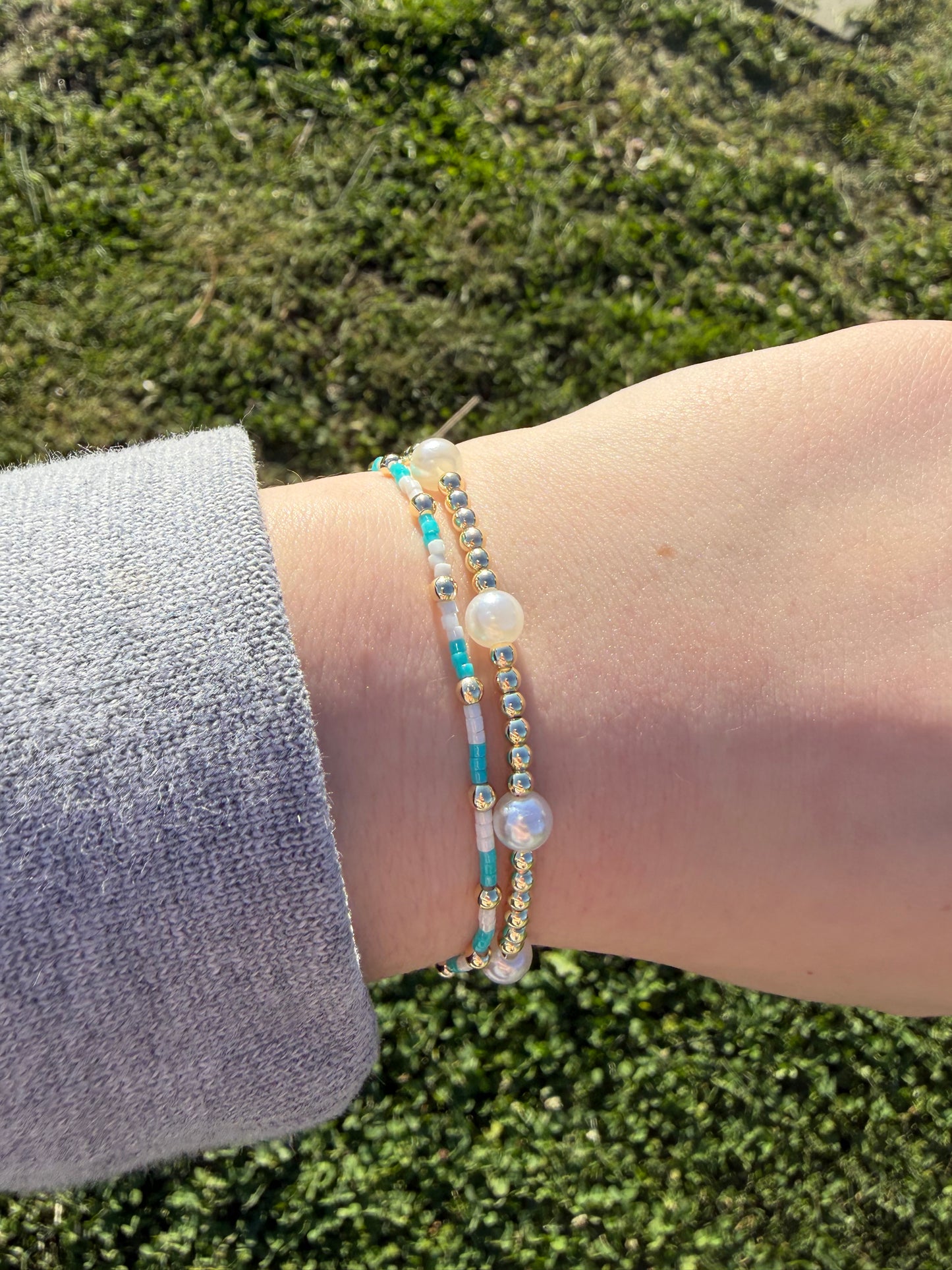 Teal and pearl non tarnish gold filled stack of 2
