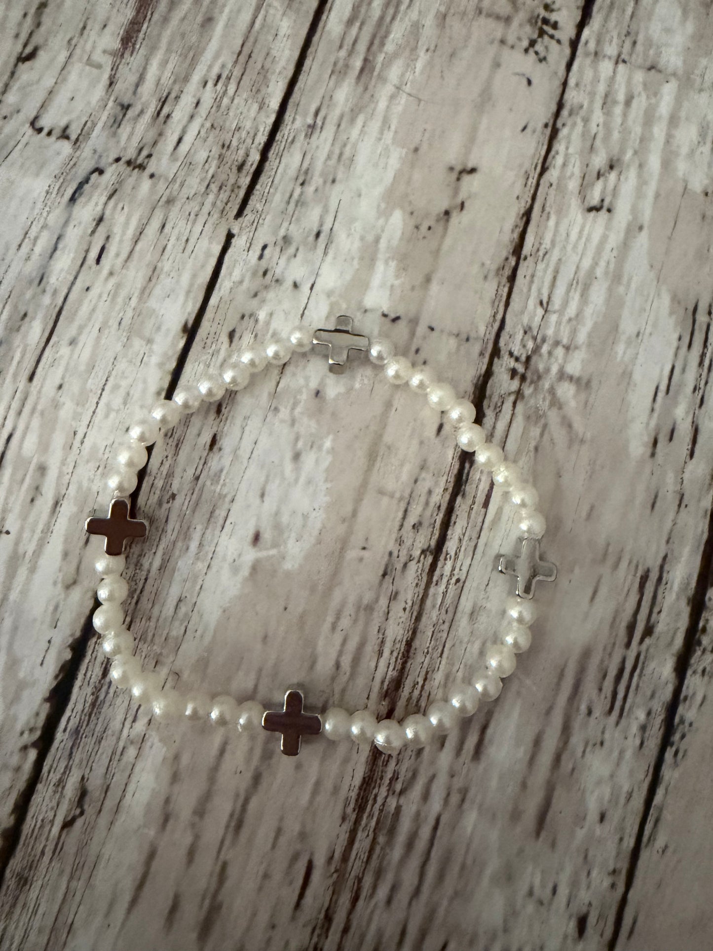 Mini pearl easter cross bracelet in silver non tarnish