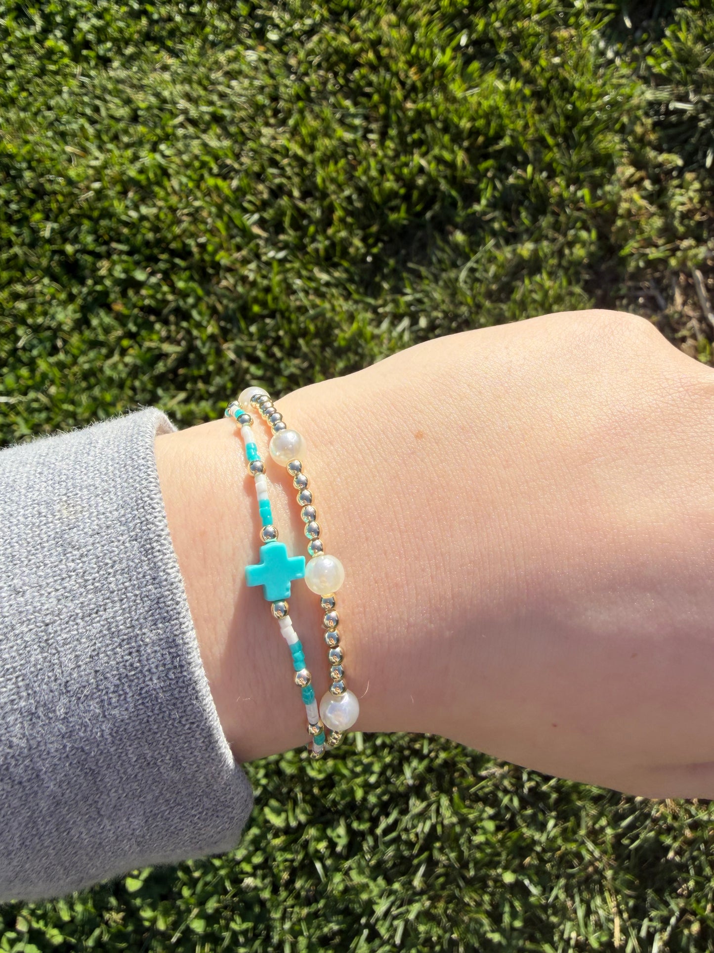 Turquoise and gold pearl gold filled non tarnish stack