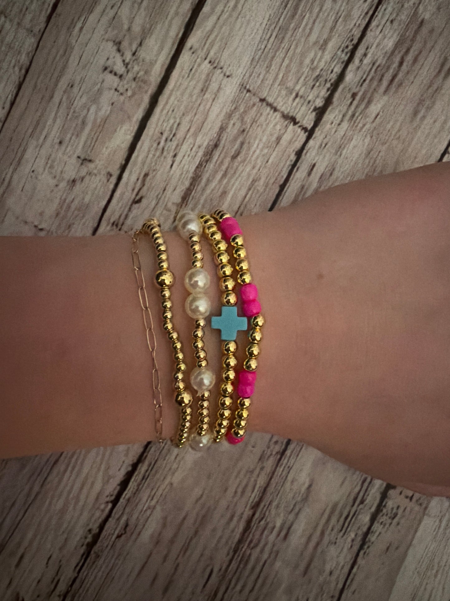 Teal pink and pearl Non tarnish bracelet stack in gold