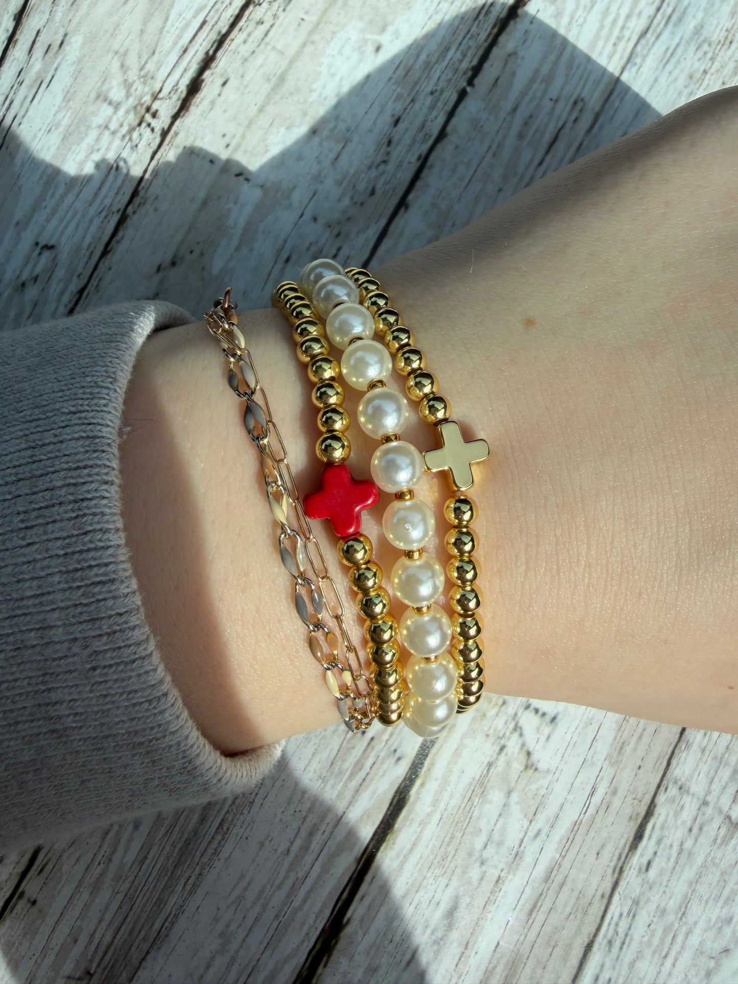 Red and gold cross set non tarnish bracelet set