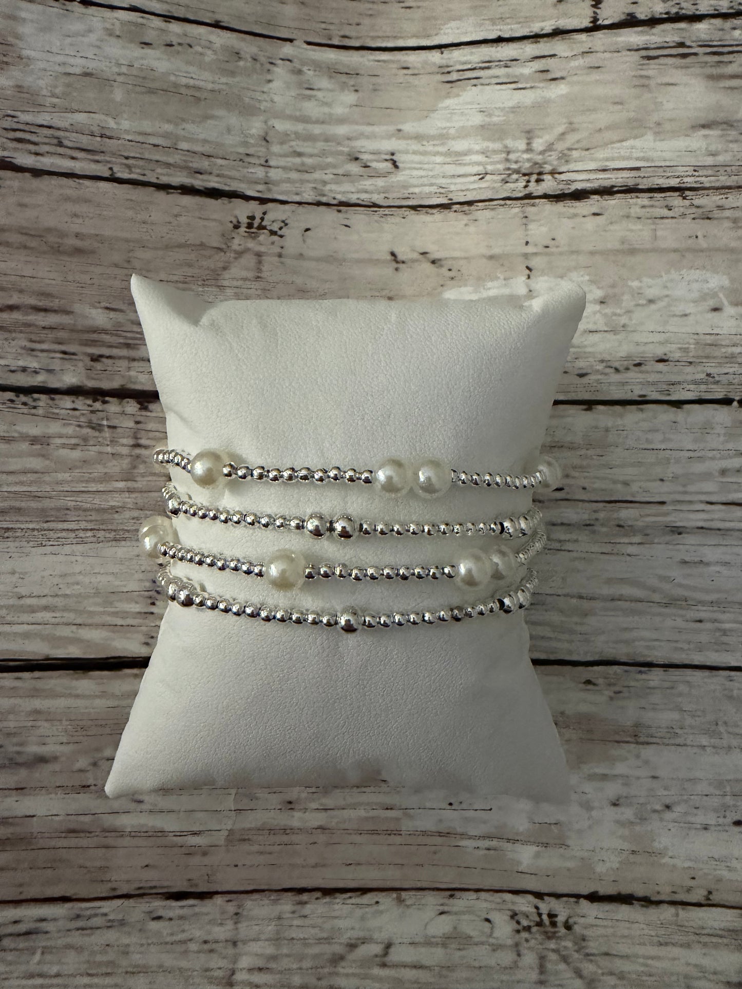 Dainty silver pearl stack (4)