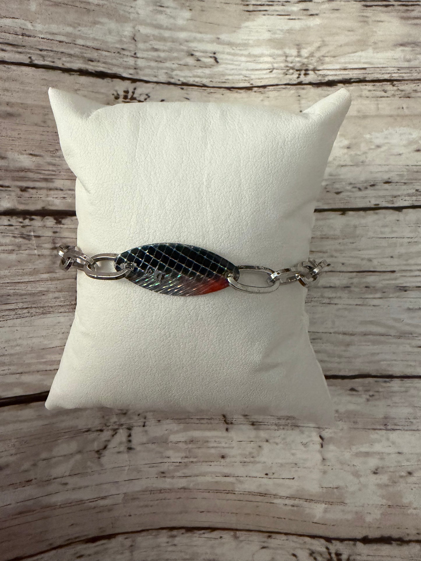 Blue fox black and red belly fishing lure non tarnish bracelet in silver