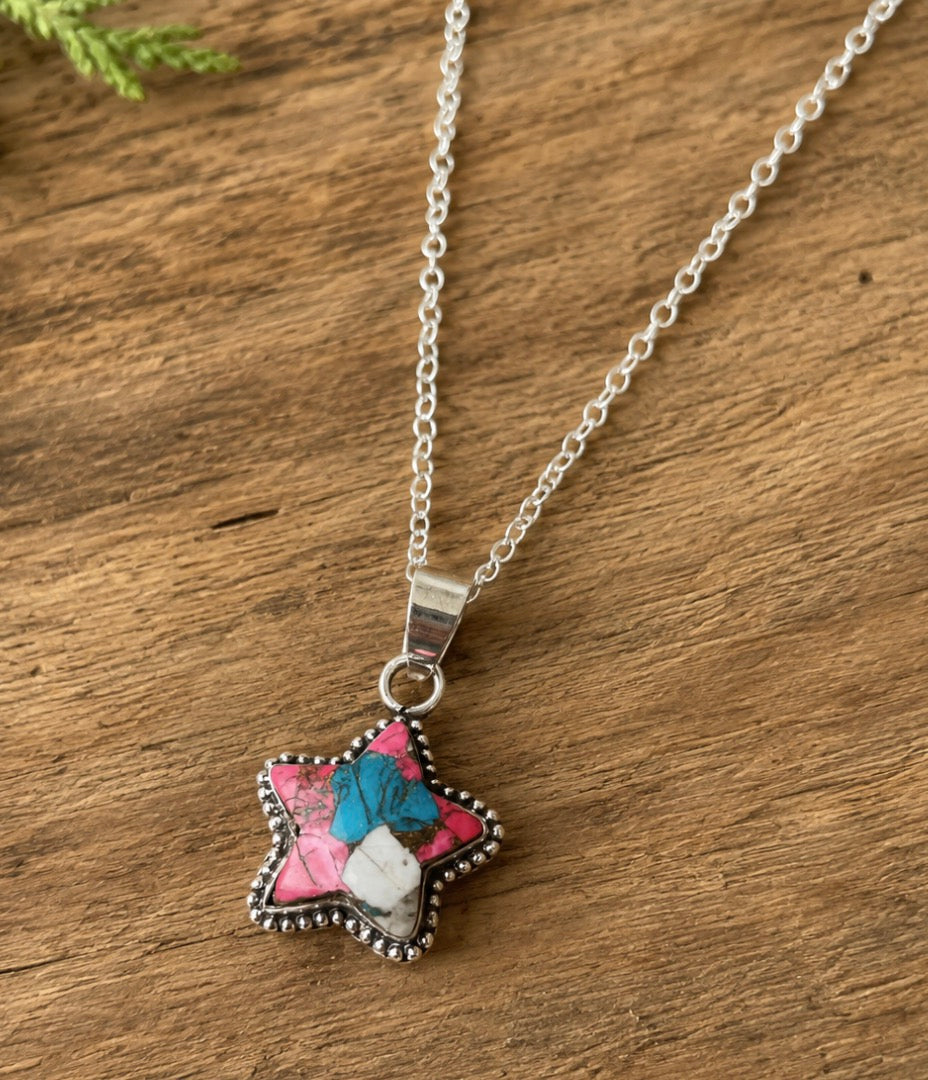 Sterling silver star authentic cotton candy turquoise stone necklace
