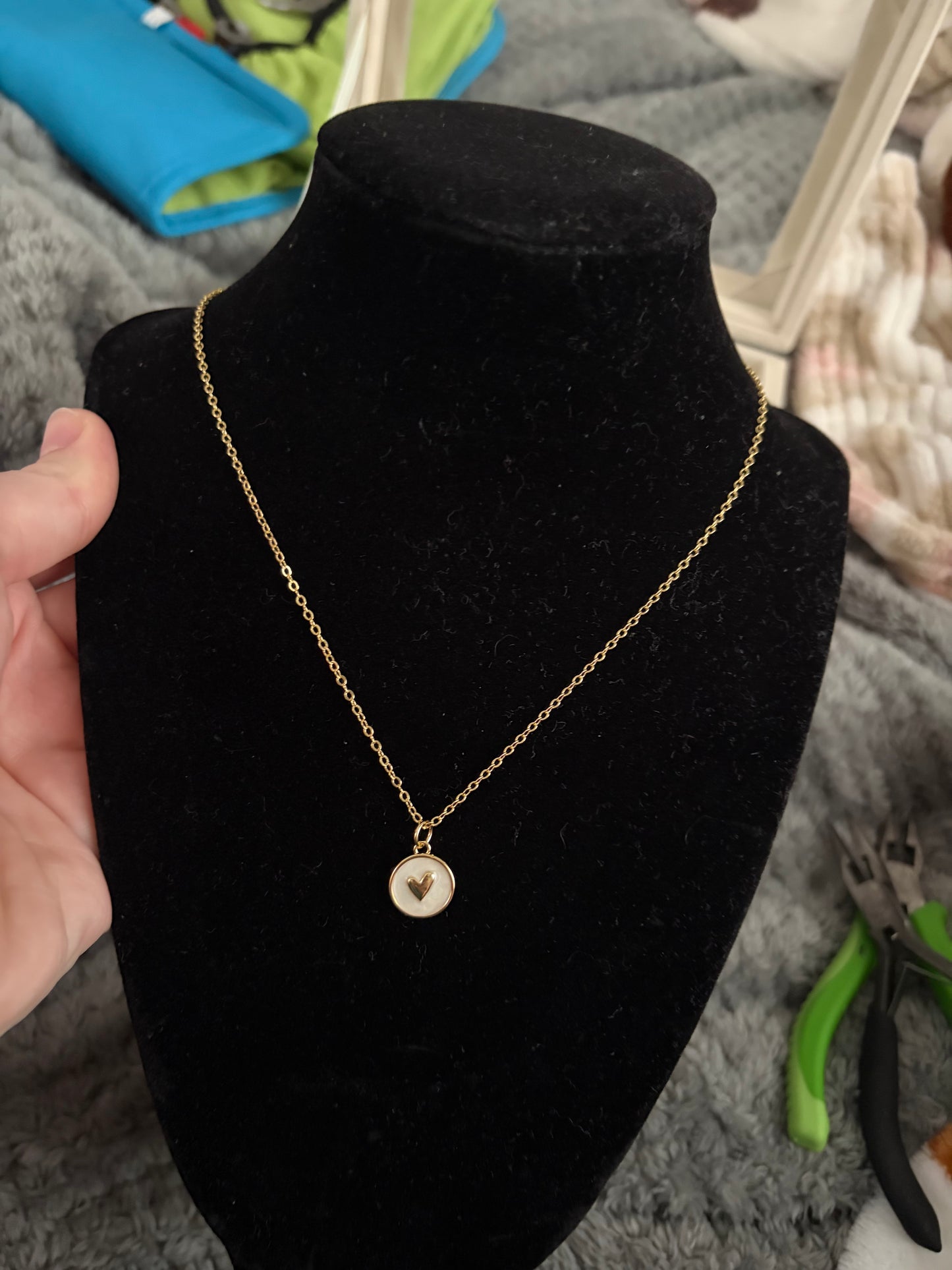 Non tarnish gold and white heart necklace