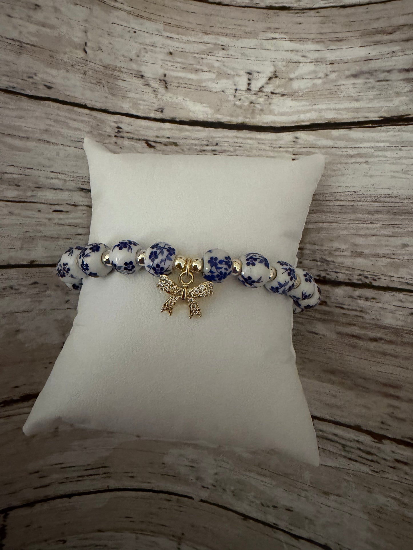 Blue floral and bow gold filled bracelet non tarnish