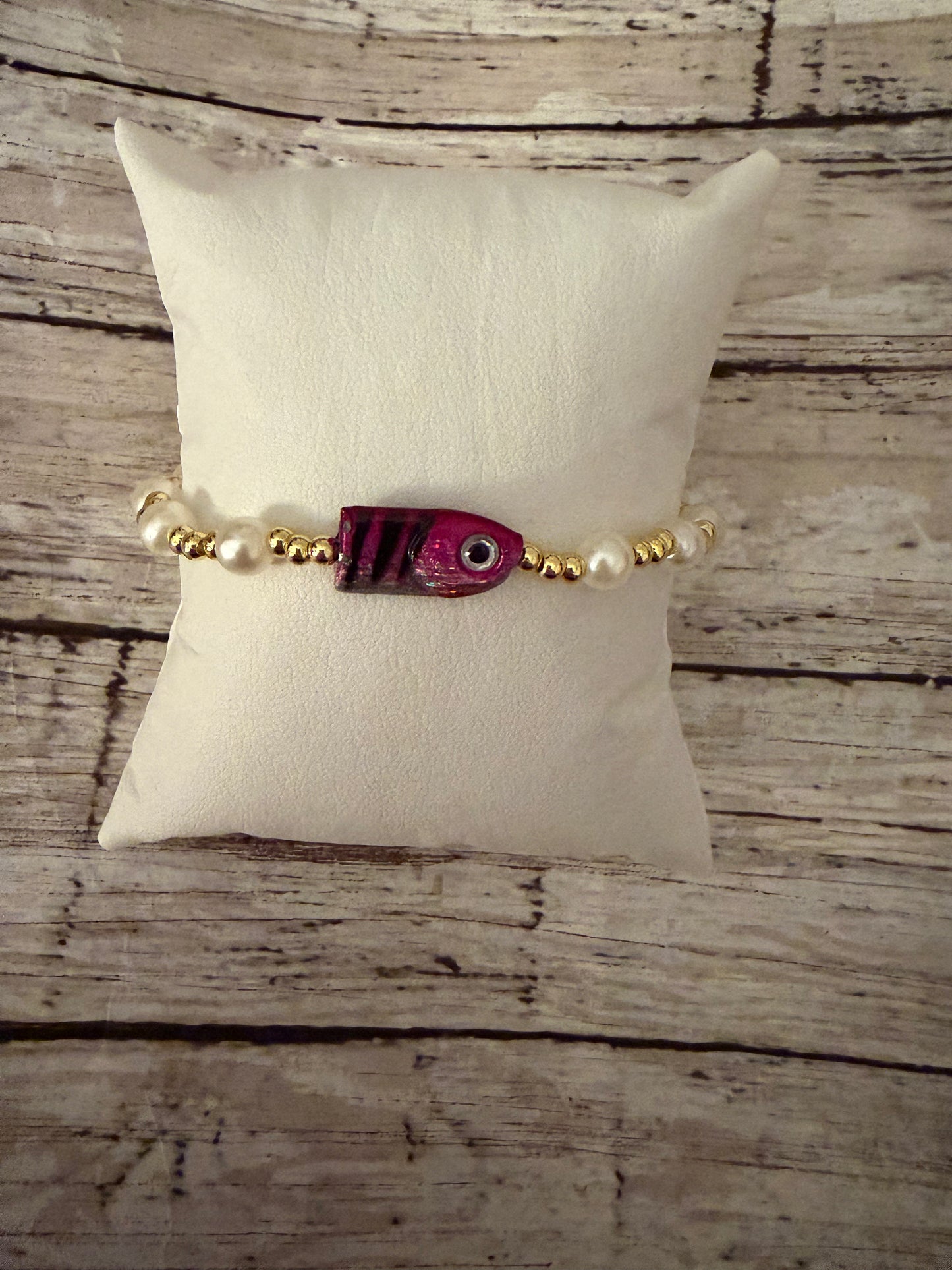Gold and pink non tarnish fishing lure bracelet