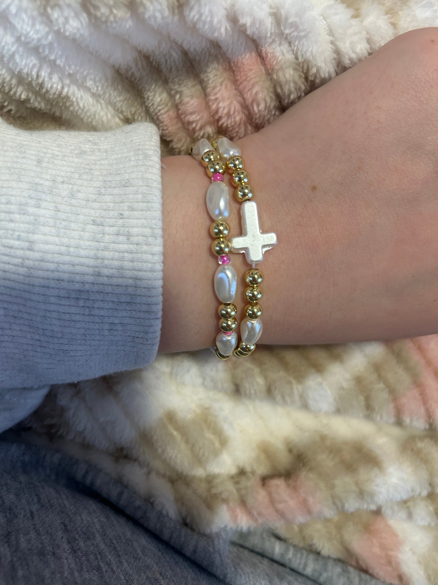 Pearly pink and pearl cross non tarnish combo