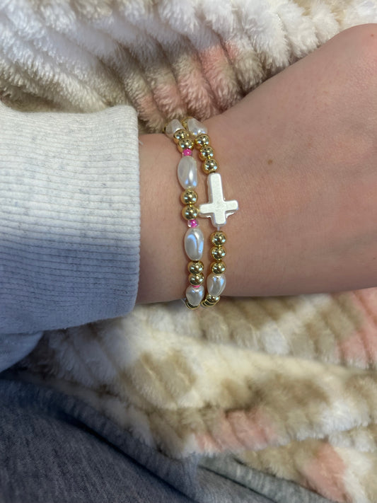 Pearly pink and pearl cross non tarnish combo