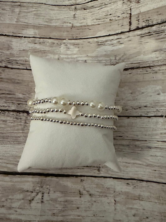Clover and pearl silver non tarnish stack