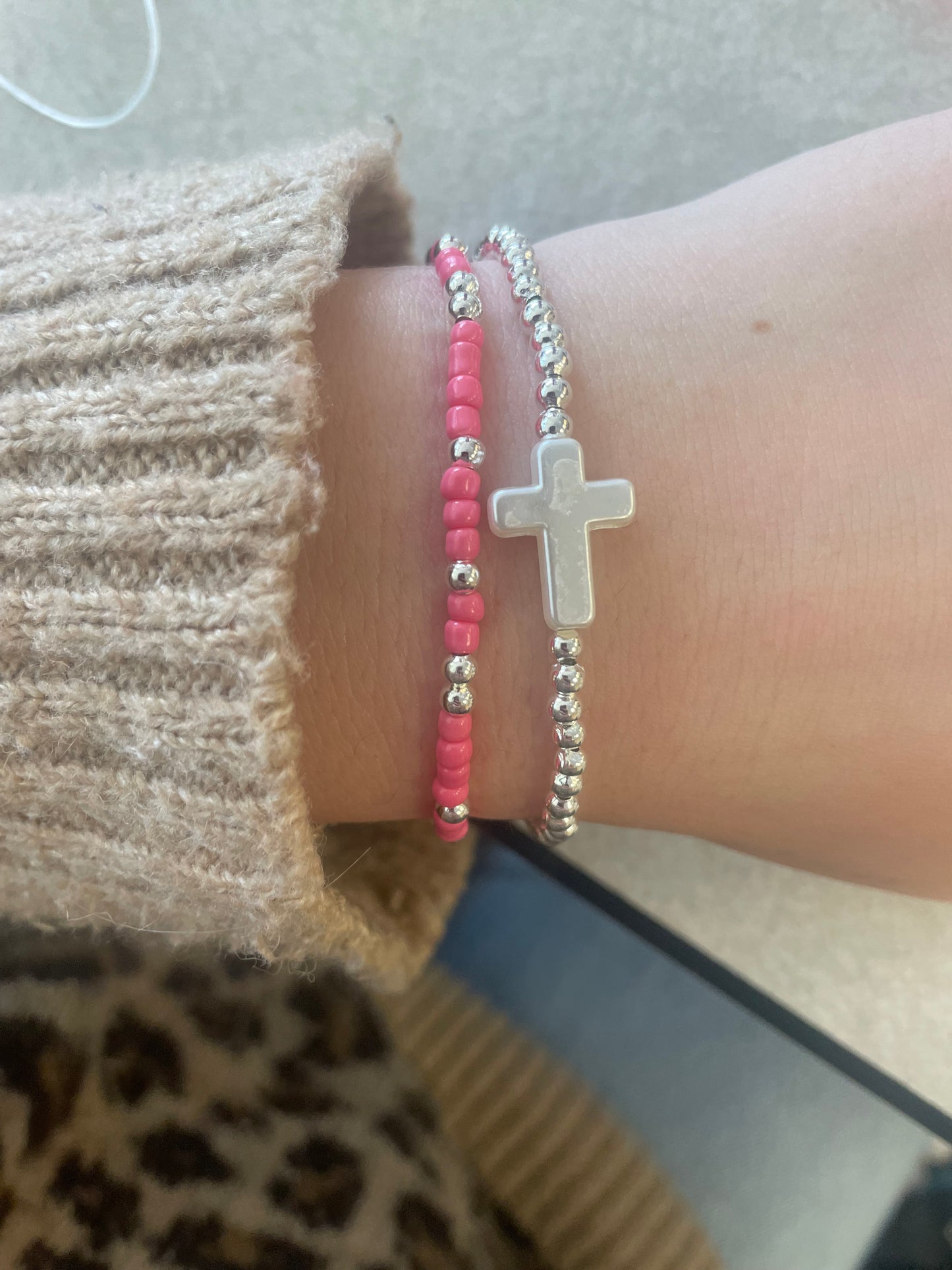 Silver cross and pink set non-tarnish