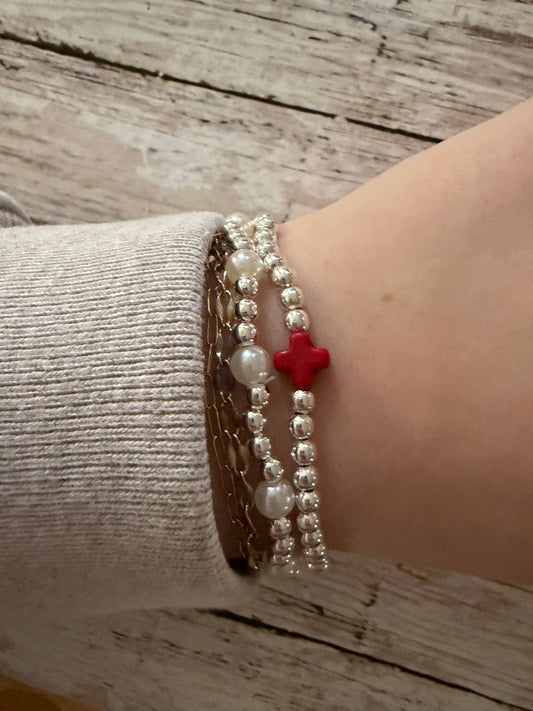 Red Cross and pearl silver non tarnish bracelet