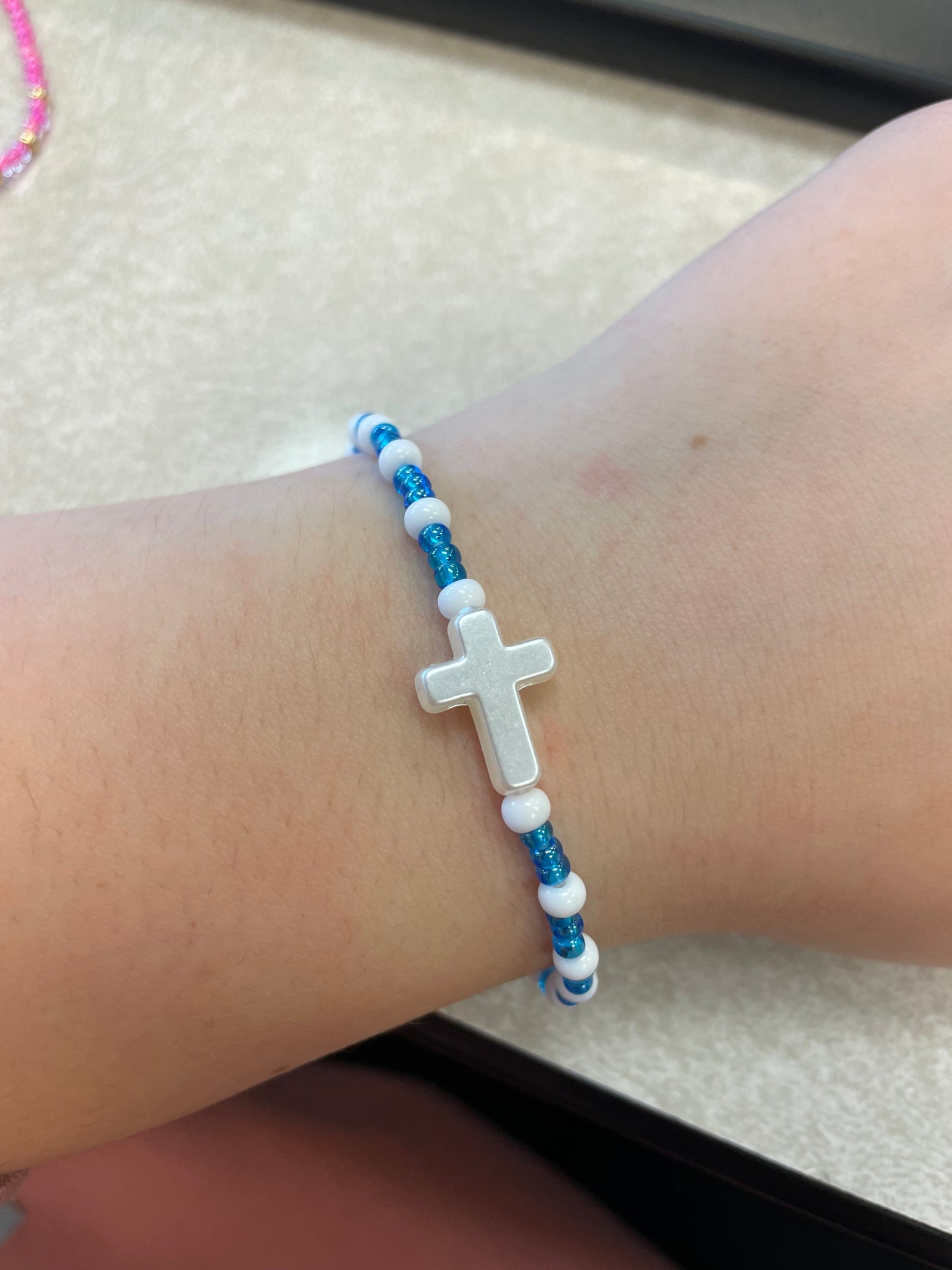 Blue and white cross bracelet