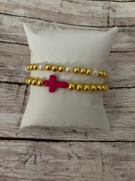 Dark pink and pearl cross bracelet set in gold non tarnish