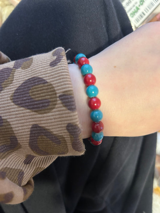 Red and blue beaded bracelet