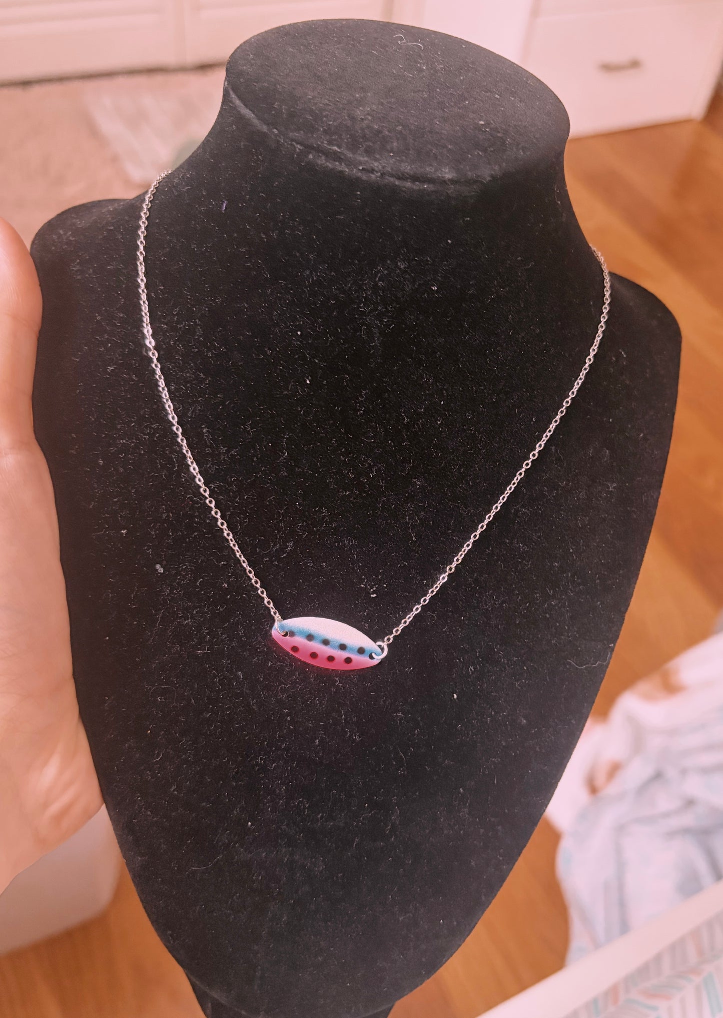 Cotton candy kastmaster lure non tarnish silver filled necklace