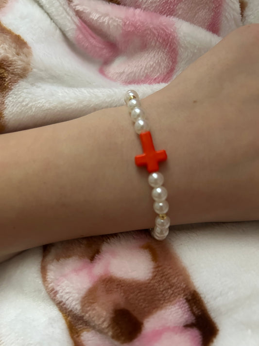 Pearl, orange cross beaded bracelet non tarnish￼