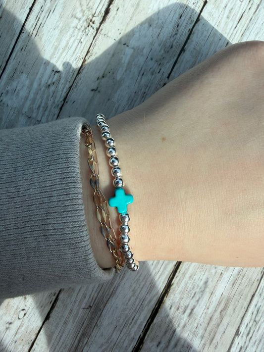 Silver turquoise cross non tarnish bracelet
