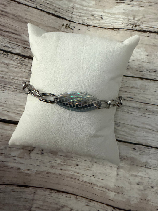 Grey blue fox lure non tarnish bracelet in silver