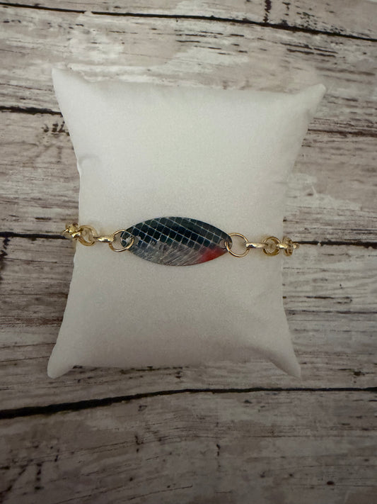 Black and red belly Blue fox fishing lure bracelet in gold non tarnish