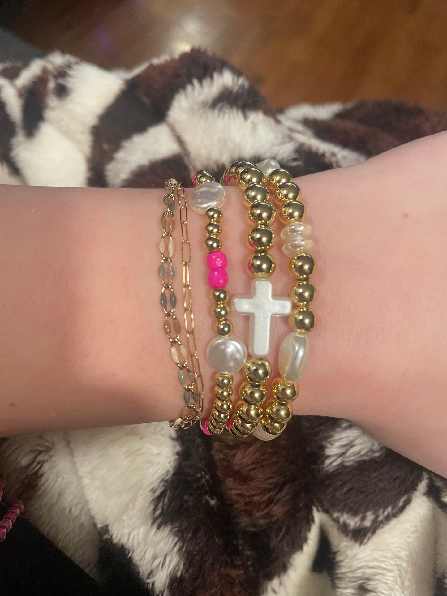 Pink pearly cross stack non tarnish
