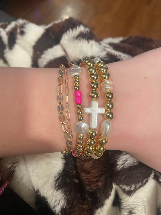 Pink pearly cross stack non tarnish