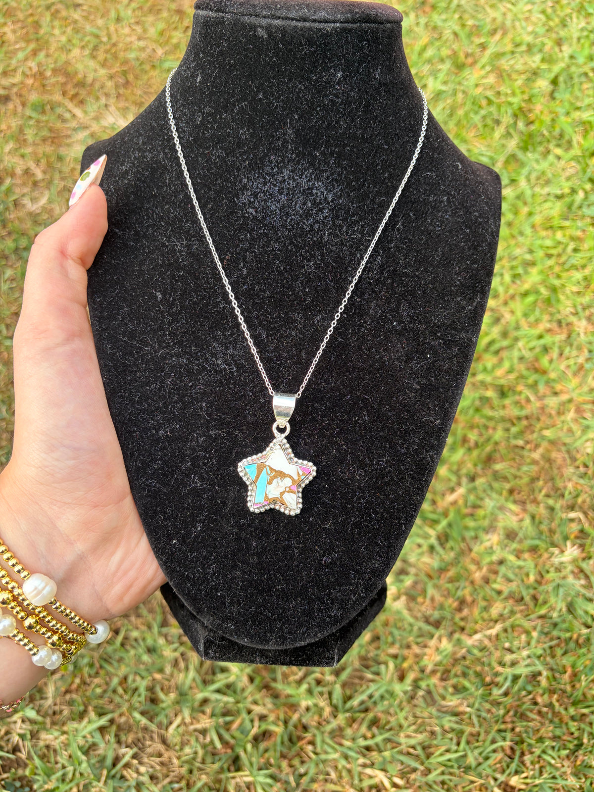 Sterling silver star authentic cotton candy turquoise stone necklace