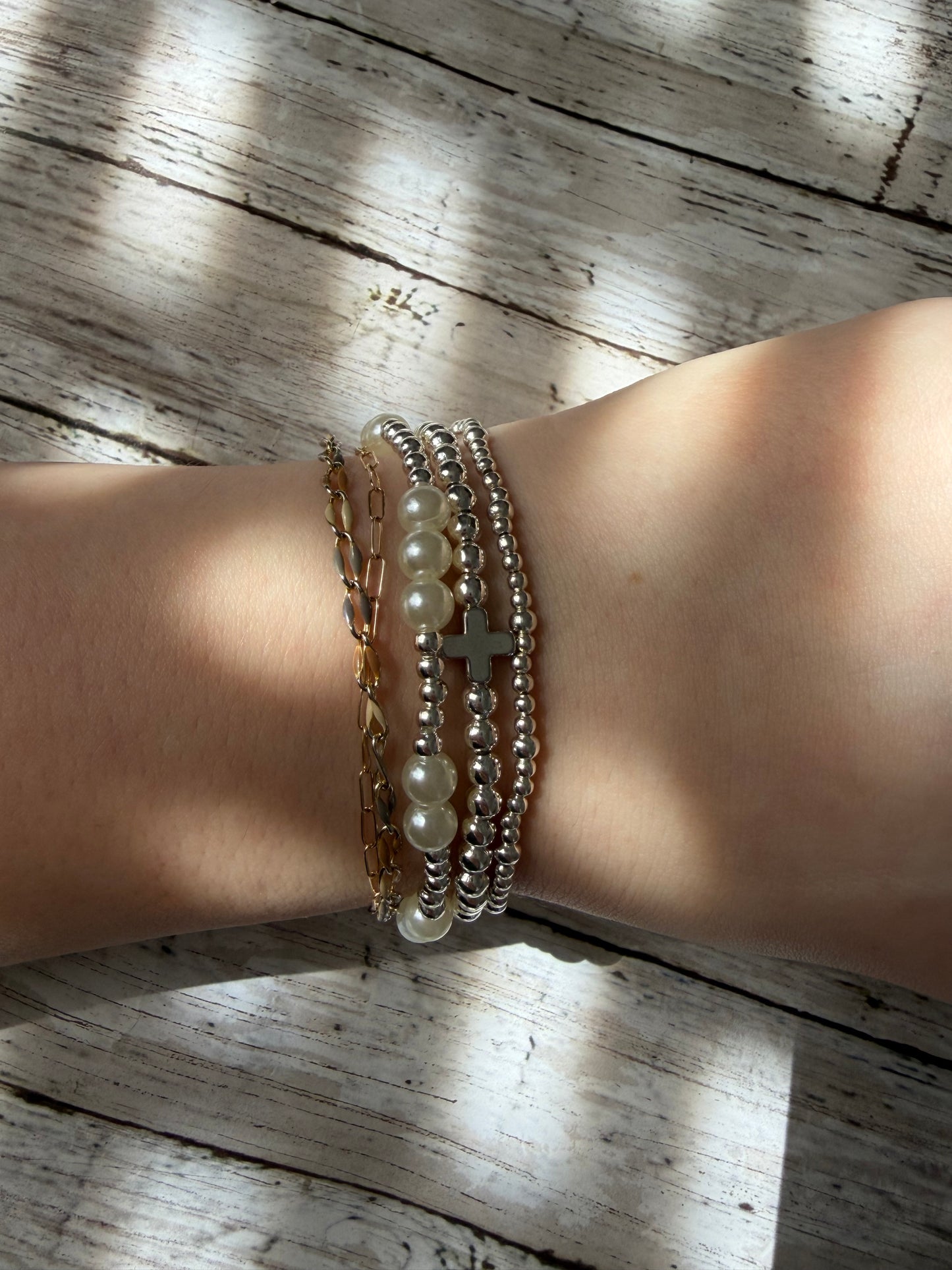Dainty cross and pearl stack non tarnish