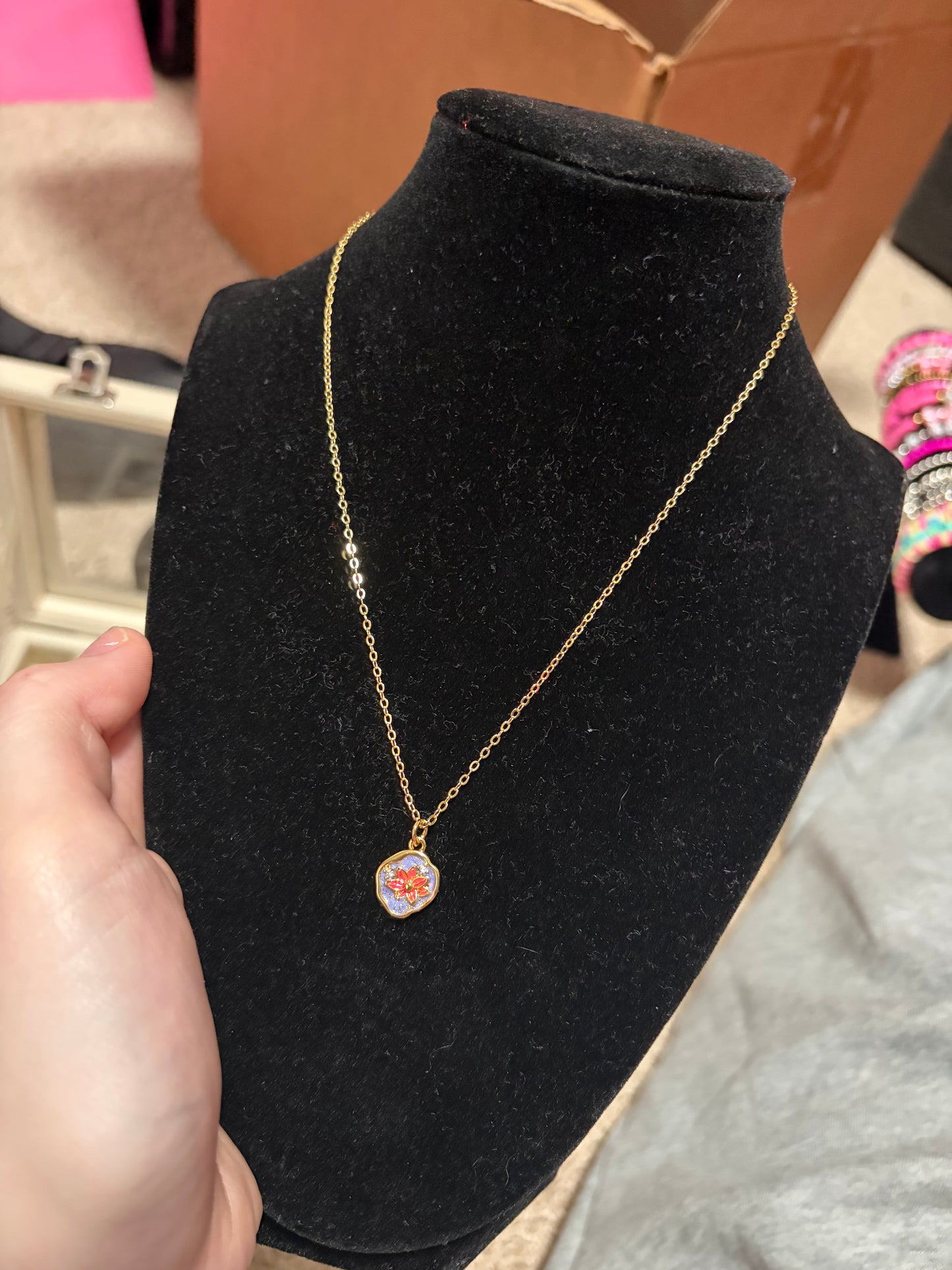 Non tarnish red flower charm necklace in gold