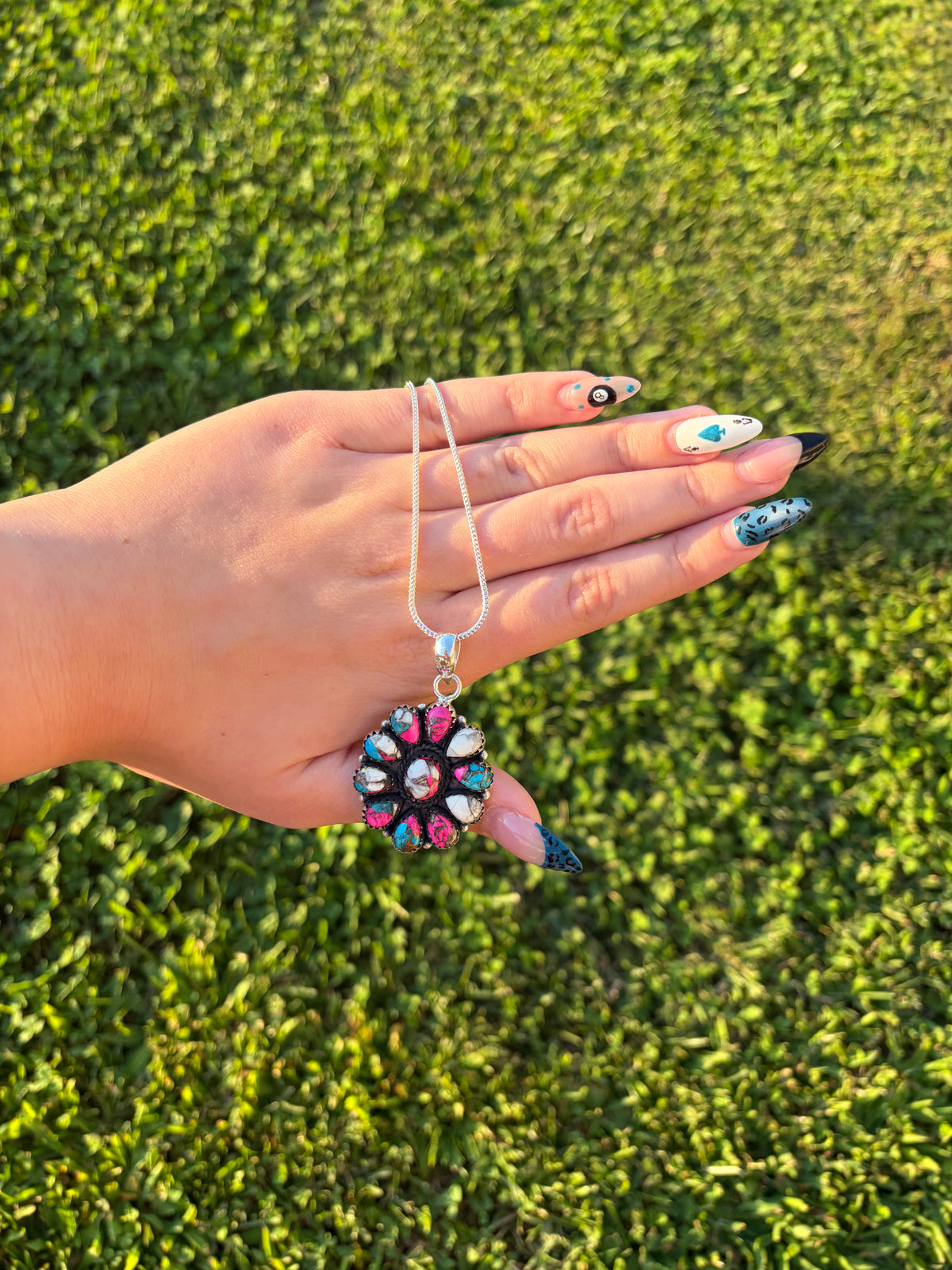 Authentic cotton candy turquoise 925 sterling silver flower necklace