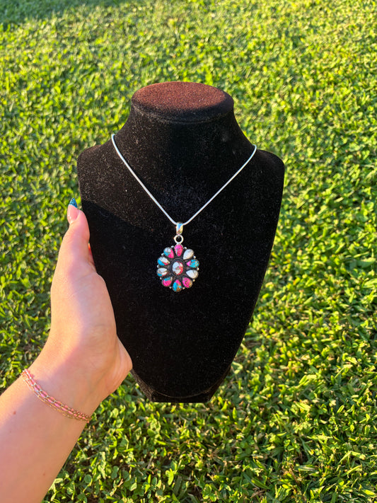 Authentic cotton candy turquoise 925 sterling silver flower necklace