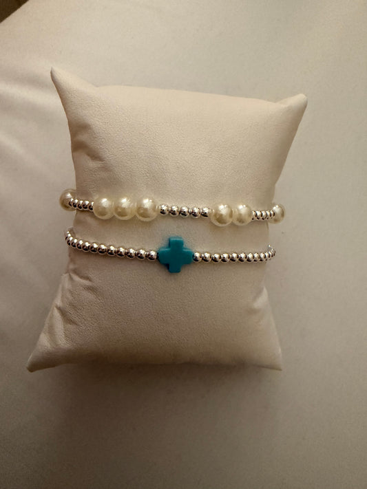 Silver filled turquoises clover and pearl non tarnish set (2)