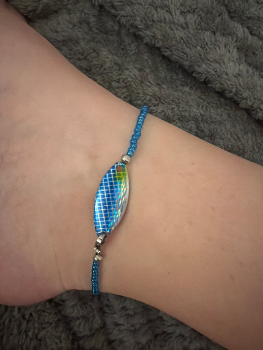 Blue blue fox fishing lure anklet in silver