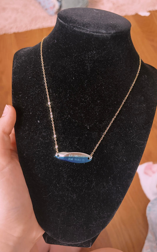 Kastmaster blue and silver lure gold filled non tarnish necklace