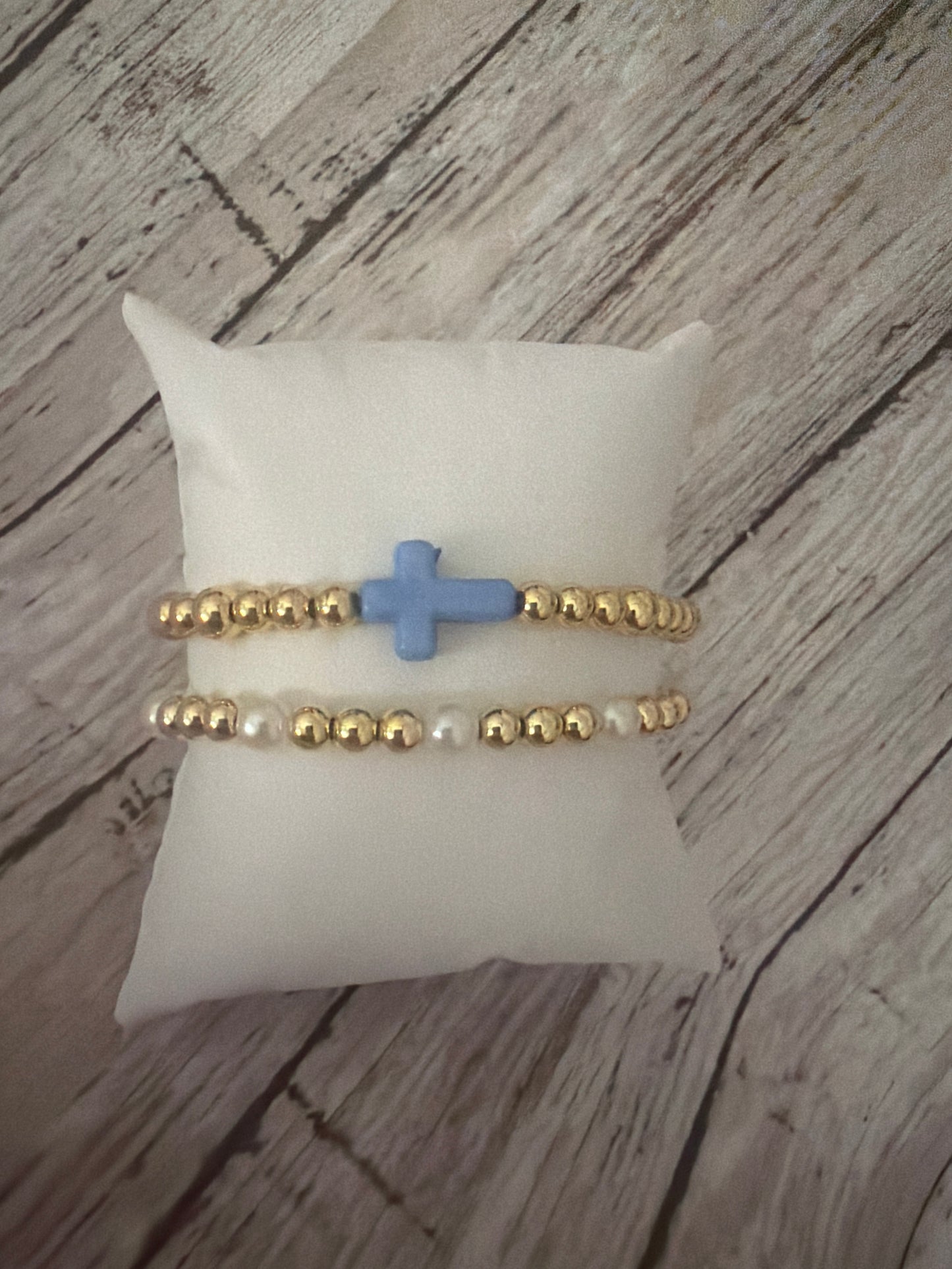 Light blue and gold pearl set in gold non tarnish