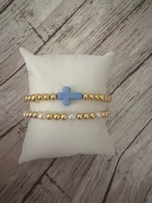 Light blue and gold pearl set in gold non tarnish