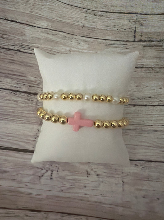 Light pink cross and pearl set in gold non tarnish