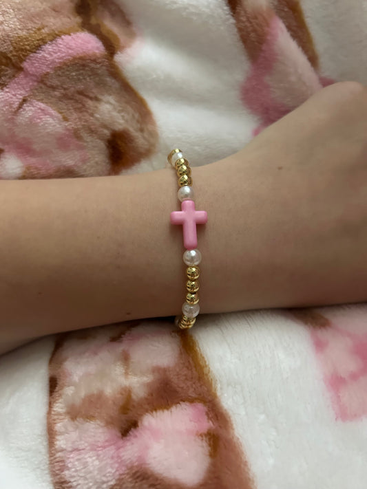 Pink cross pearl non tarnish bracelet