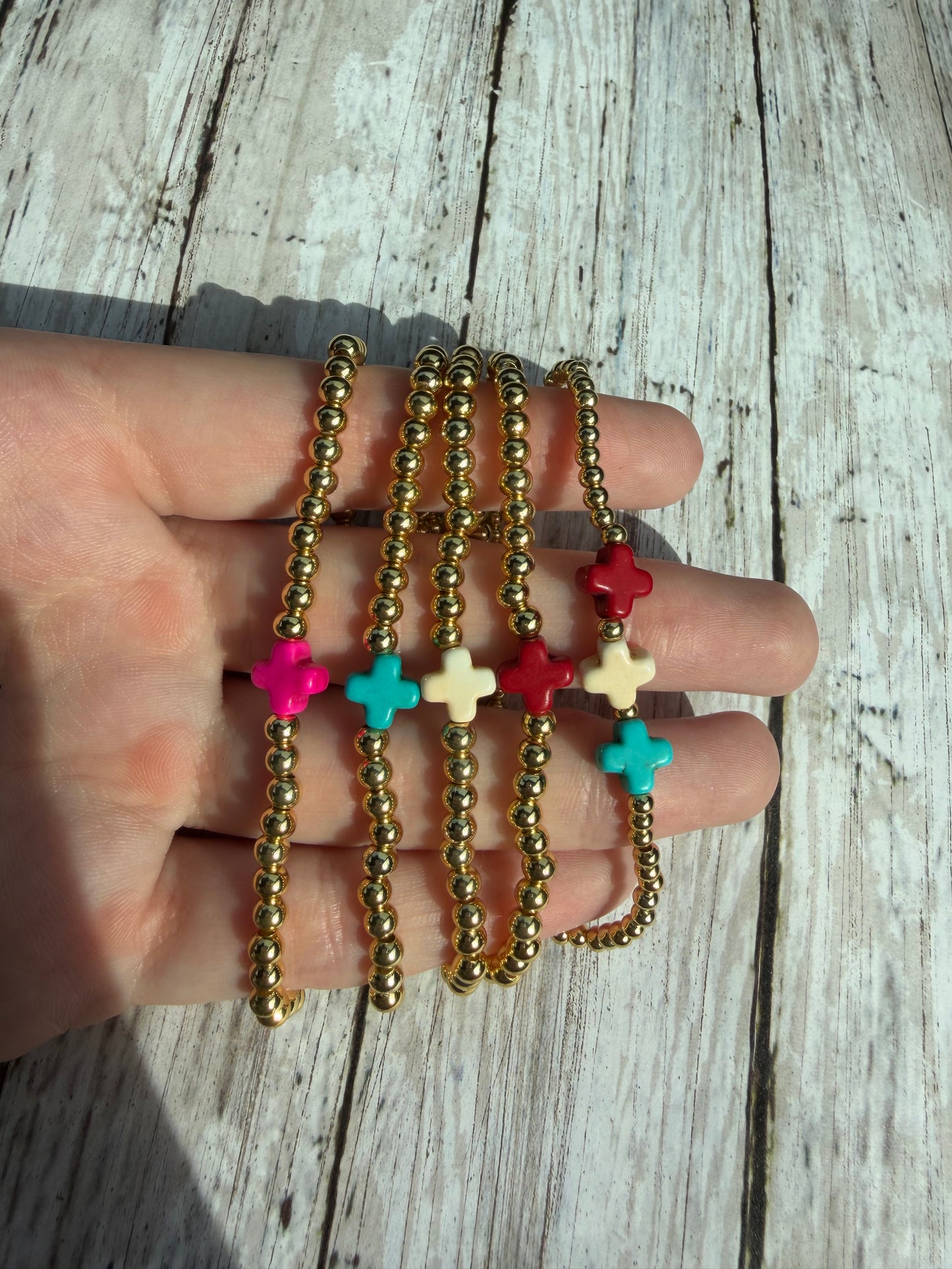 All gold cross non tarnish bracelet set with bomb pop non tarnish bracelet (5)