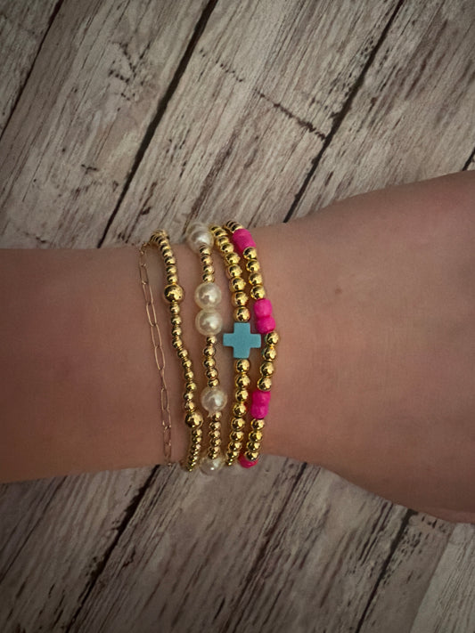 Teal pink and pearl Non tarnish bracelet stack in gold