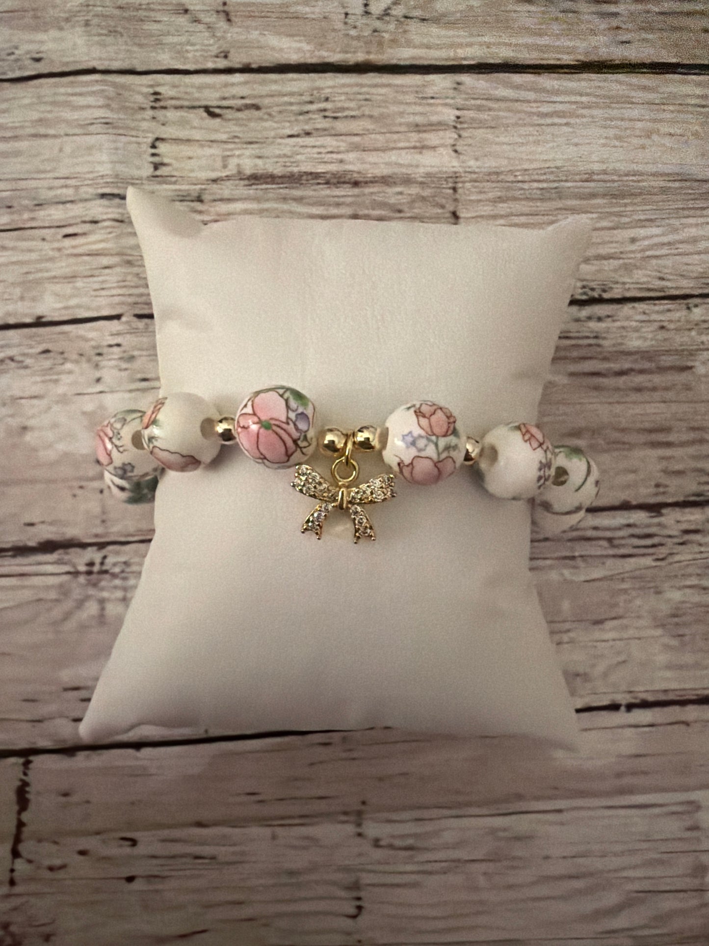Pink floral bow charm bracelet gold filled