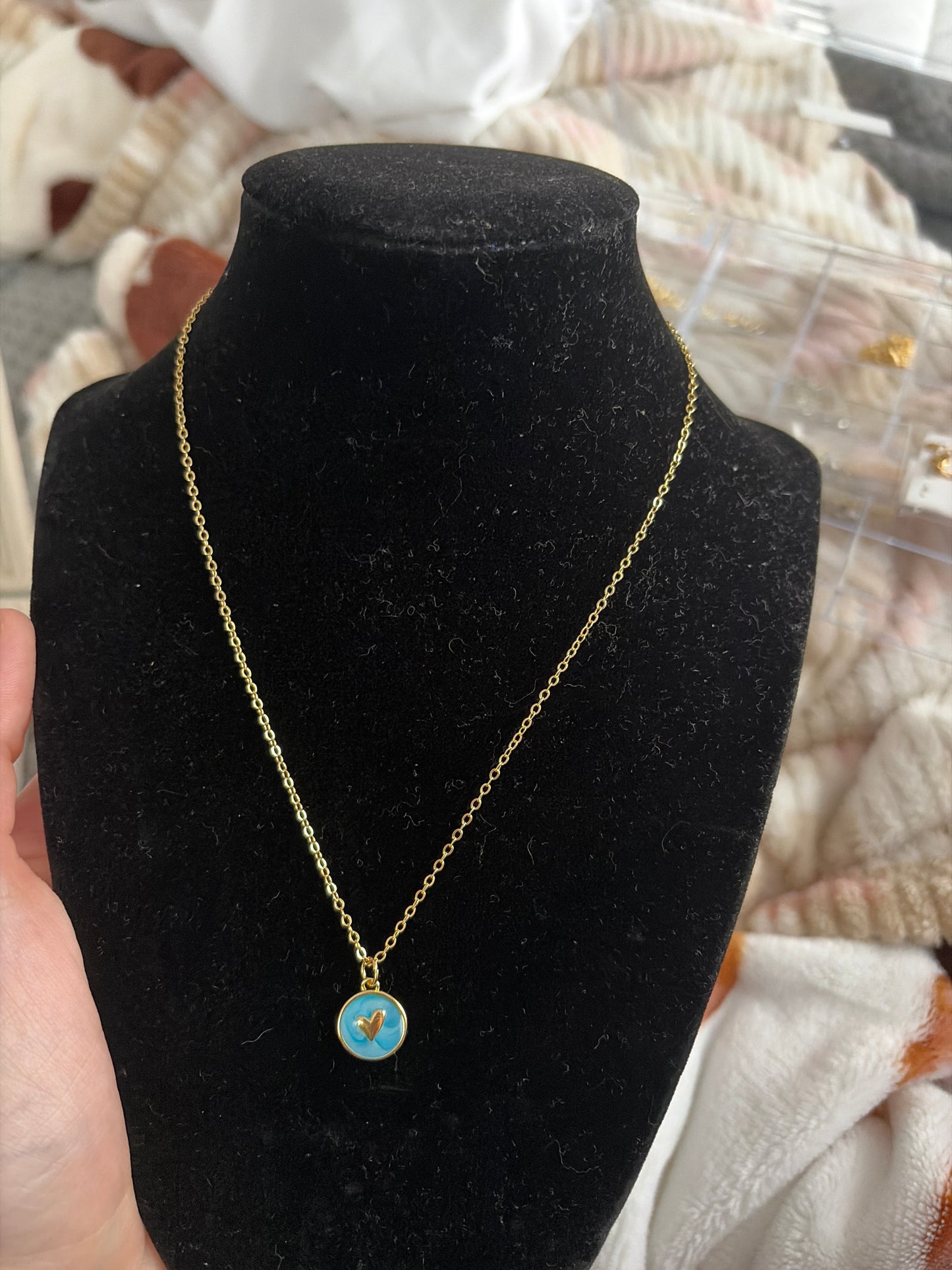 Gold non-tarnish blue and gold heart necklace ￼