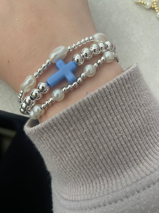 Pearl silver cross non tarnish set