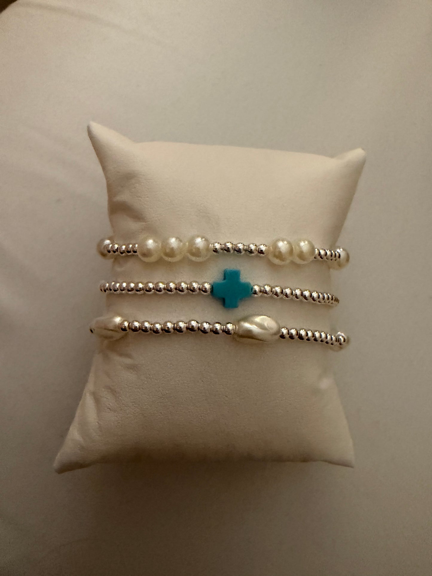 Silver filled turquoise clover and pearl non tarnish stack (3)