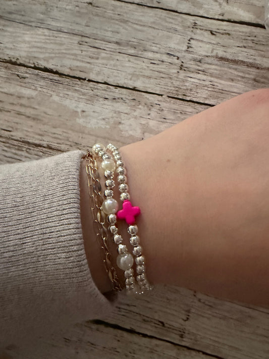 Silver pink cross and pearl non tarnish bracelet set