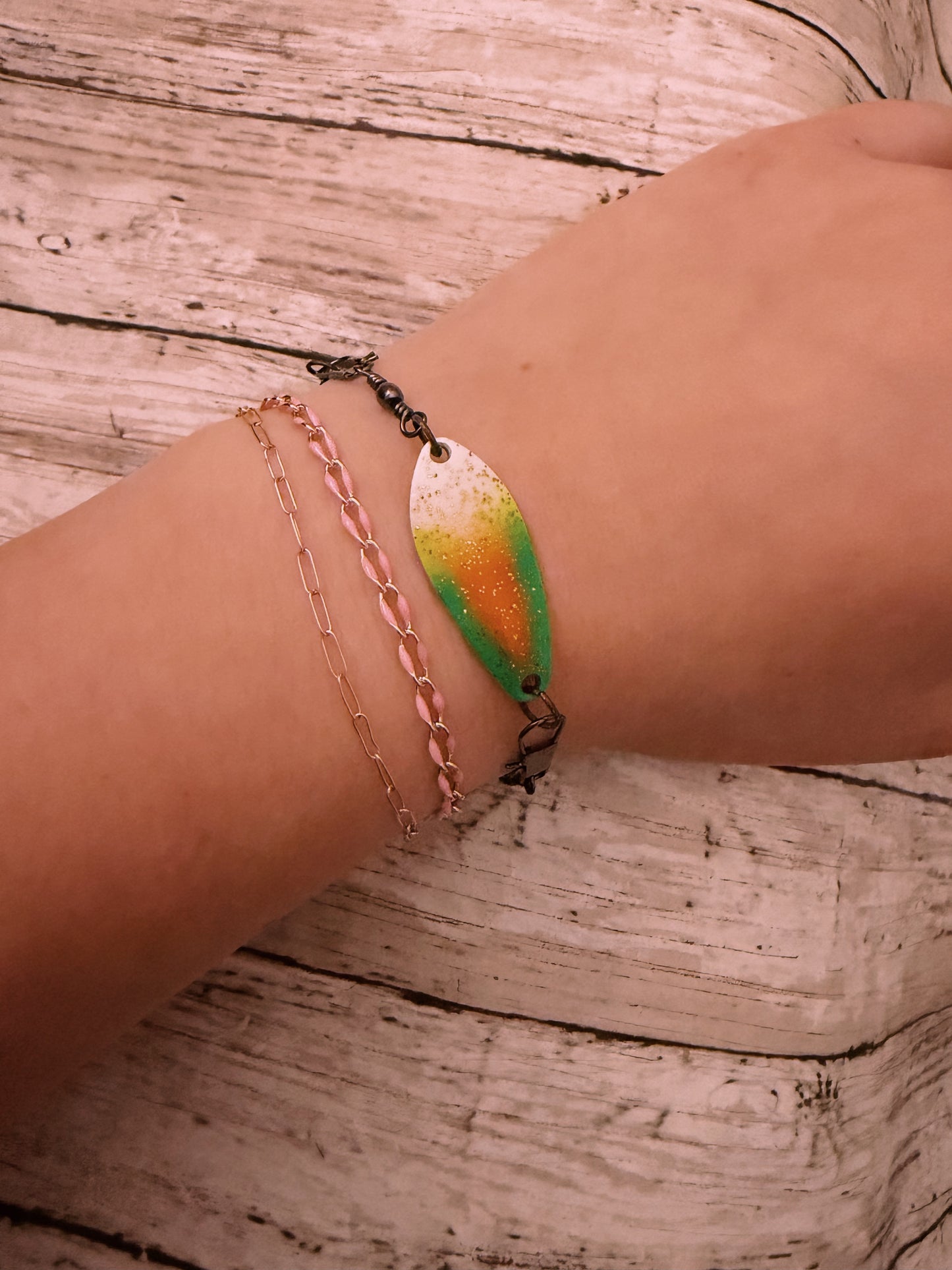 Green white and orange lure black swivel adjustable bracelet