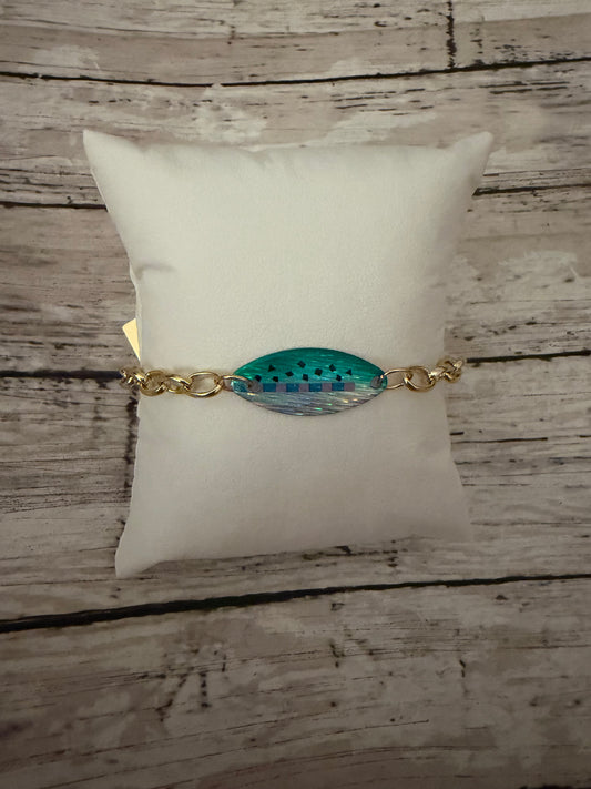 Blue fox teal lure non tarnish gold chain bracelet